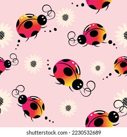 Seamless pattern of ladybugs  and flower 