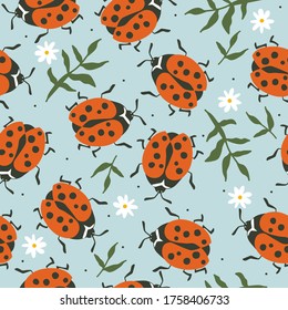 Seamless pattern, ladybugs and flowers, hand drawn overlapping backdrop. Colorful background vector. Cute illustration, insects. Decorative wallpaper, good for printing