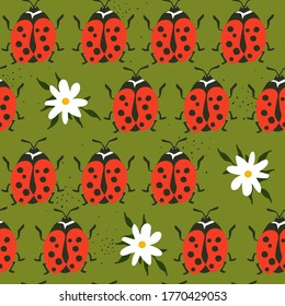 Seamless pattern, ladybugs and flowers, hand drawn overlapping backdrop. Colorful background vector. Cute illustration, insects. Decorative wallpaper, good for printing