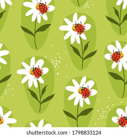 Seamless pattern, ladybugs and flowers, hand drawn overlapping backdrop. Colorful background vector. Cute illustration, insects. Decorative wallpaper, good for printing