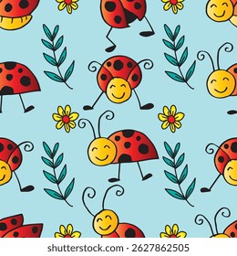 Seamless pattern with ladybugs and flowers. Hand drawn vector illustration.
