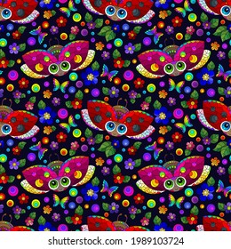 Seamless pattern with ladybugs and flowers, insects on a dark background