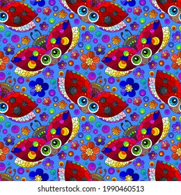 Seamless pattern with ladybugs and flowers, insects on a blue background