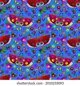 Seamless pattern with ladybugs and flowers, insects on a blue background