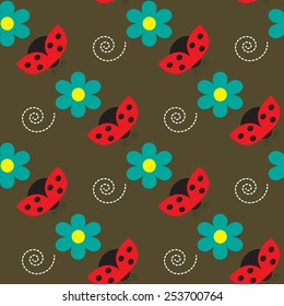 Seamless pattern with ladybugs and flowers on the brown background