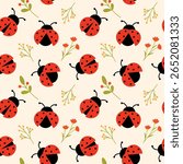 Seamless pattern with ladybugs and flowers. Vector pattern with ladybird. Floral background with insect. Summer bug design for wrapping paper, kids products and textiles.