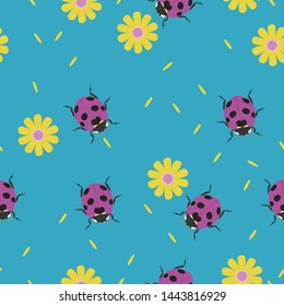 Seamless pattern with ladybugs and flowers. Vector graphics.