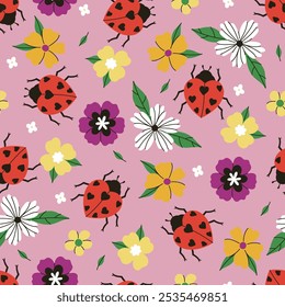 Seamless pattern with ladybugs and flowers. Vector graphics.