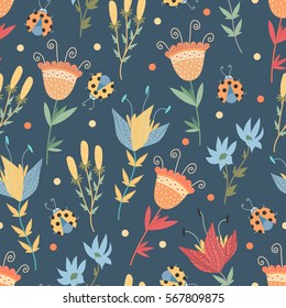 Seamless pattern with ladybugs and flowers. Vector illustration