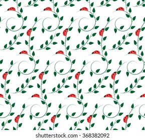 Seamless pattern with ladybugs and green leaves