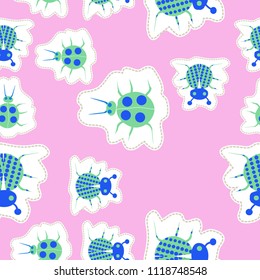 Seamless pattern with ladybugs halftone, dashed lines, tags. Hand drawn.