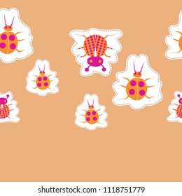 Seamless pattern with ladybugs halftone, dashed lines, tags. Hand drawn.
