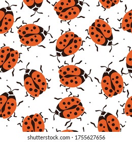 Seamless pattern, ladybugs, hand drawn overlapping backdrop. Colorful background vector. Cute illustration, insects. Decorative wallpaper, good for printing