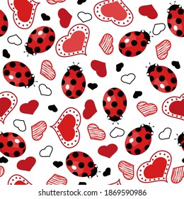 Seamless pattern with ladybugs and hearts.