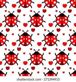 Seamless pattern with ladybugs icons with heart shapes on white background
