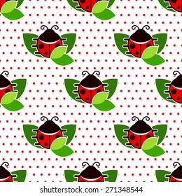 Seamless pattern with ladybugs icons on green leaves over red dots background