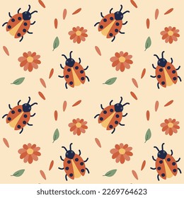 Seamless pattern with ladybugs. Insects among leaves and petals on a light background. Vector illustration in cartoon style.