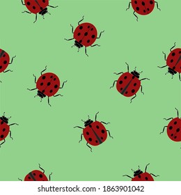 Seamless pattern of Ladybugs isolated on green color background. Vector illustration of good luck concept design.