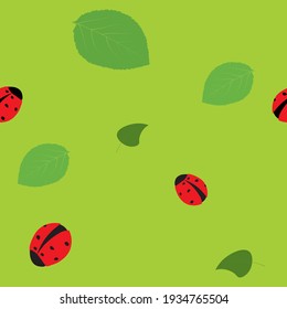 Seamless pattern. Ladybugs and leaves on green background