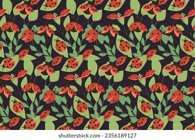 Seamless pattern ladybugs and leaves on dark color