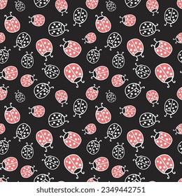 Seamless pattern of ladybugs on a black background. Hand drawn, vector.