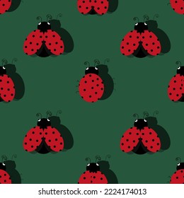 Seamless pattern with ladybugs on green background with shadows. Background with summer insects of red color. An insect with polka dots.