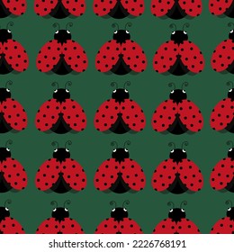 Seamless pattern with ladybugs on green background. Background with summer insects of red color. An insect with polka dots.