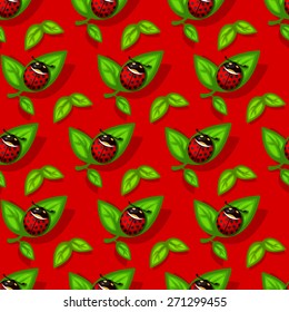 Seamless pattern with ladybugs on green leaves over red background