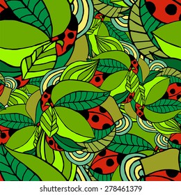 Seamless pattern with ladybugs on green leaves
