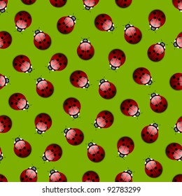 Seamless pattern with ladybugs on green background
