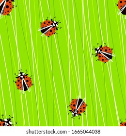  Seamless pattern with ladybugs on juicy sow thistle. Beetles on the lush green grass. Attractive pattern in juicy summer colors. Flat vector design.