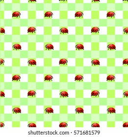  seamless pattern ladybugs on the light green checkered background