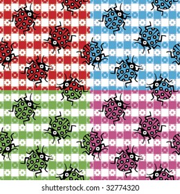 Seamless pattern of ladybugs on a tablecloth pattern in four colorways.