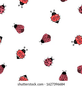 Seamless pattern with ladybugs on a white background. Cute ladybug in children's cartoon style colorful hand drawing. All elements are editable. Vector illustration