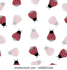 Seamless pattern with ladybugs on a white background. Cute ladybug in children's cartoon style colorful hand drawing. All elements are editable. Vector illustration