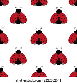 Seamless pattern with ladybugs on a white background. Background with summer insects of red color. An insect with polka dots.