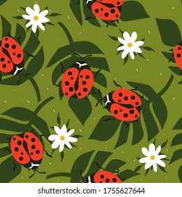 Seamless pattern, ladybugs, palm leaves, flowers, hand drawn overlapping backdrop. Colorful background vector. Cute illustration, insects. Decorative wallpaper, good for printing