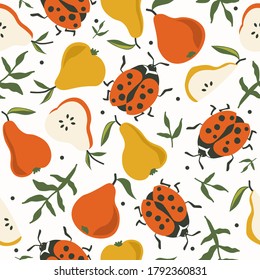 Seamless pattern, ladybugs, pears, leaves, hand drawn overlapping backdrop. Colorful background vector. Cute illustration, insects. Decorative wallpaper, good for printing