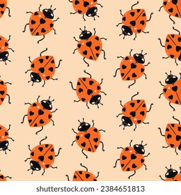 Seamless pattern with ladybugs in the shape of hearts.Vector graphics.