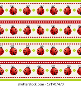 Seamless pattern with ladybugs and stripes. Vector illustration.