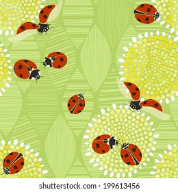 Seamless pattern with ladybugs. Vector art illustration. Kids background.