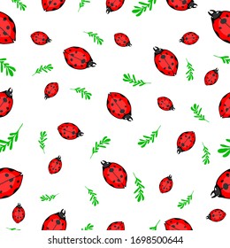 Seamless pattern with ladybugs. White background. Vector illustration with a red ladybug and twigs. Design of packaging paper for the holiday. Print on paper, fabrics, clothing, dishes.