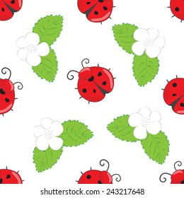 Seamless pattern with ladybugs and white flowers with leaves on a white background for design, packaging, cover art, textiles, craft, etc.
