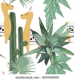 Seamless pattern with lama alpaca animal and cacti, aloe plant. Creative tropical texture for fabric, wrapping, textile, wallpaper, apparel.