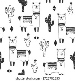 seamless pattern with lama and cactus