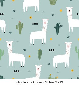 Seamless pattern with lama with cactus Cute cartoon background hand drawn in childrens style For fabrics, textiles, wallpapers