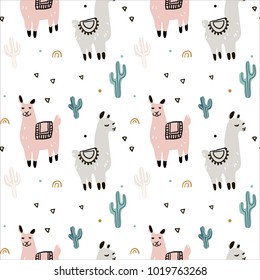 Seamless pattern with lama, cactus and hand drawn elements. Great for fabric, textile Vector Illustration