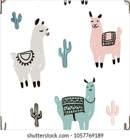 Seamless pattern with lama, cactus and hand drawn elements. Childish texture. Great for fabric, textile Vector Illustration