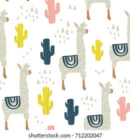 Patrón inoxidable con lama, cactus y elementos dibujados a mano. Textura infantil. Excelente para tela, vectores textiles Ilustración