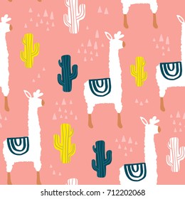 Seamless pattern with lama, cactus and hand drawn elements. Childish texture. Great for fabric, textile Vector Illustration